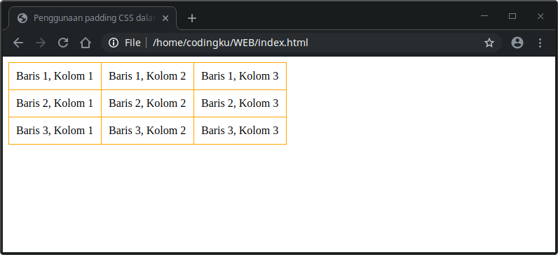Penggunaan properti padding dalam Tabel